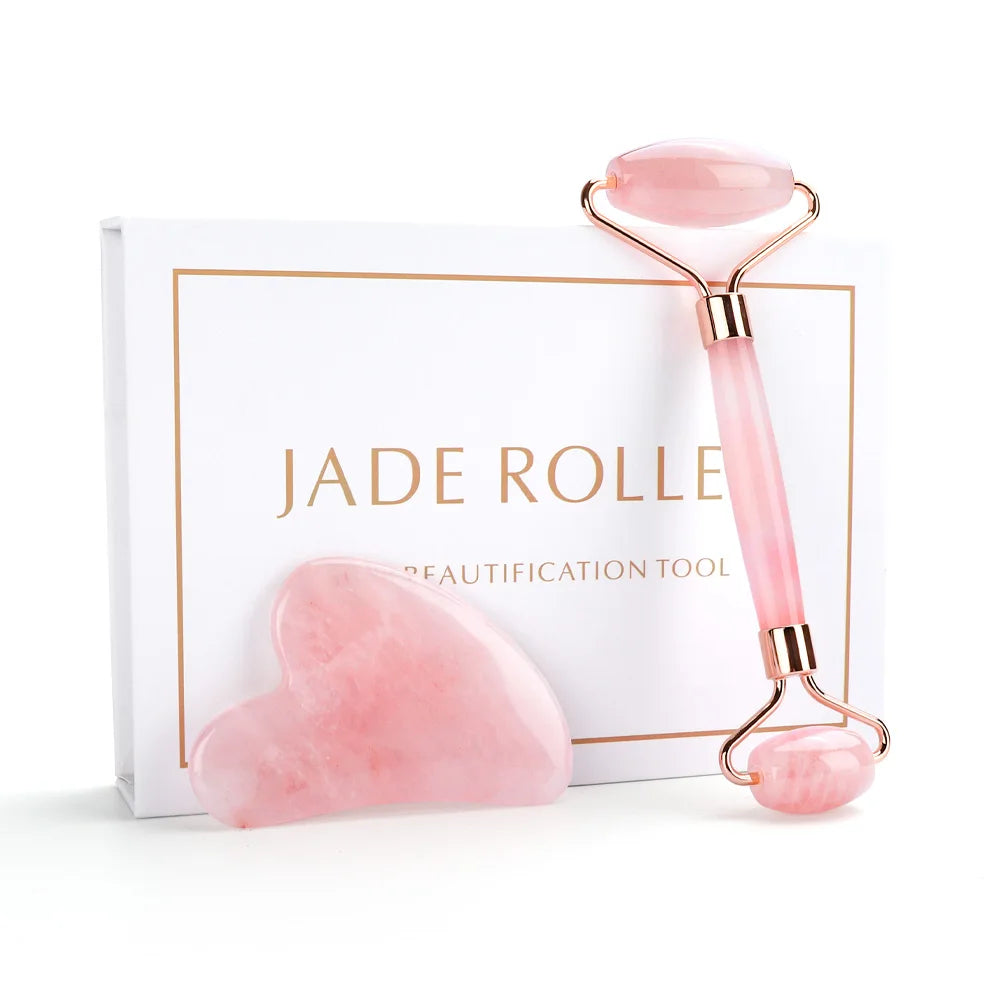 Natural rose quartz facial massage roller set