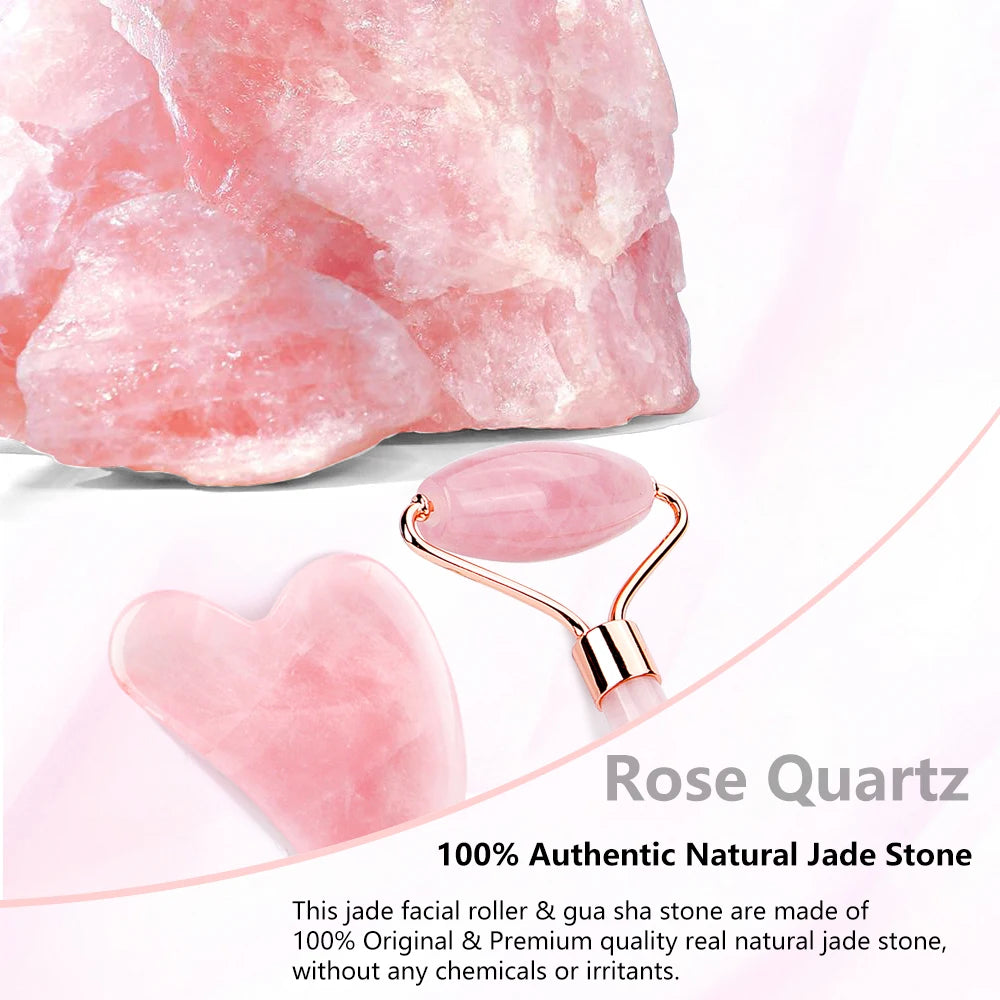 Natural rose quartz facial massage roller set