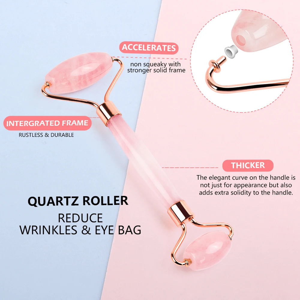 Natural rose quartz facial massage roller set