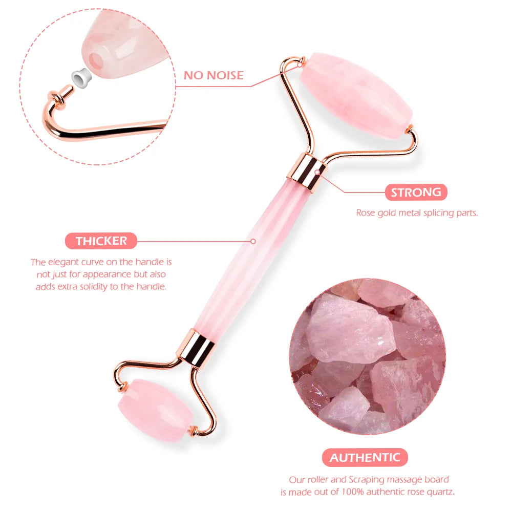 Natural rose quartz facial massage roller set